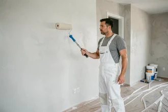 Peintre professionnel appliquant de la peinture blanche au rouleau sur un mur intérieur lors de travaux de rénovation