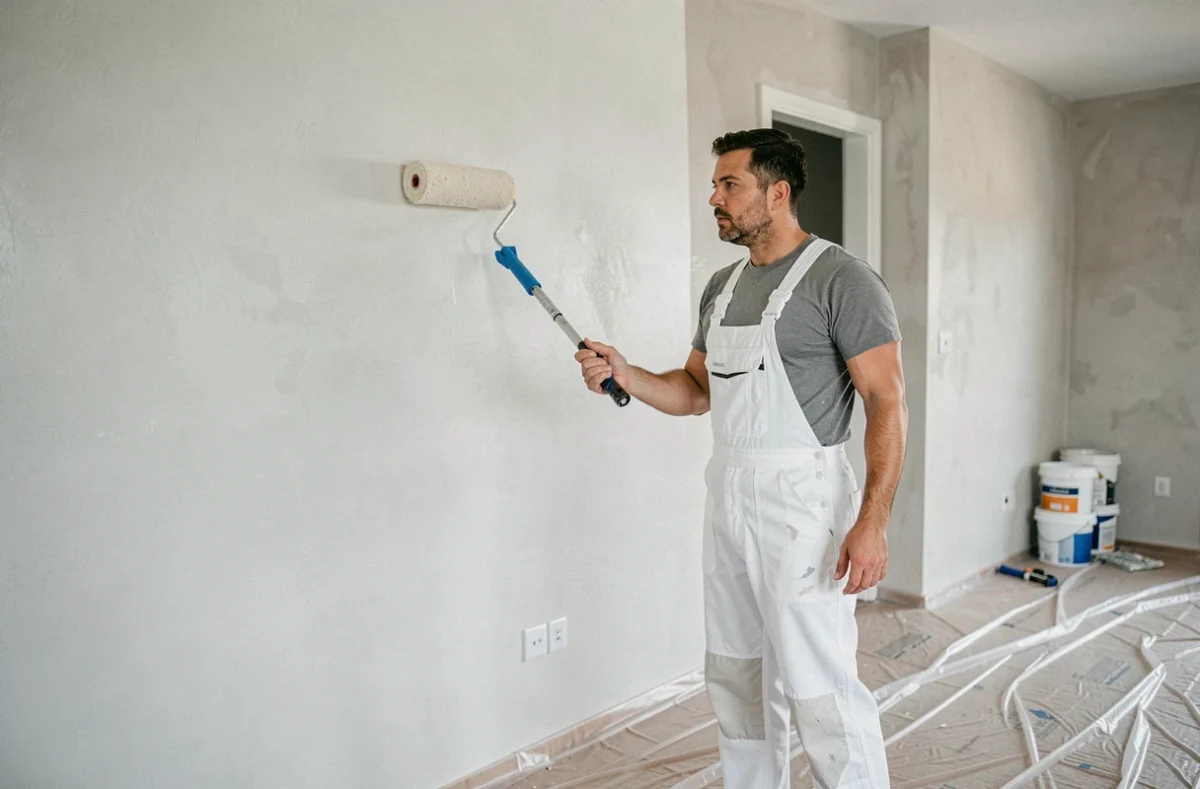 Peintre professionnel appliquant de la peinture blanche au rouleau sur un mur intérieur lors de travaux de rénovation