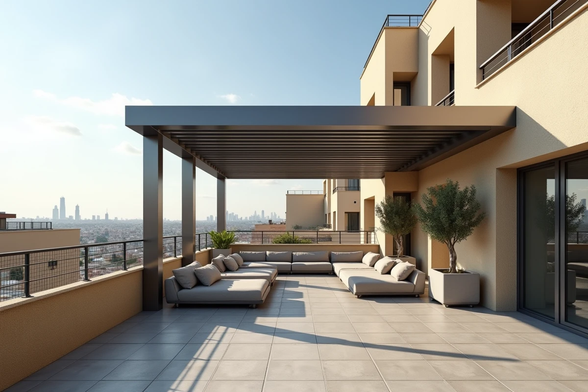 Pergola bioclimatique en aluminium sur terrasse urbaine avec lamelles orientables et contexte architectural environnant
