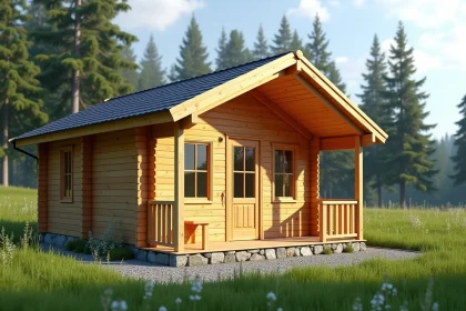 Petit chalet habitable en bois dans une prairie verdoyante entouré de sapins, avec terrasse couverte et bardage pin naturel