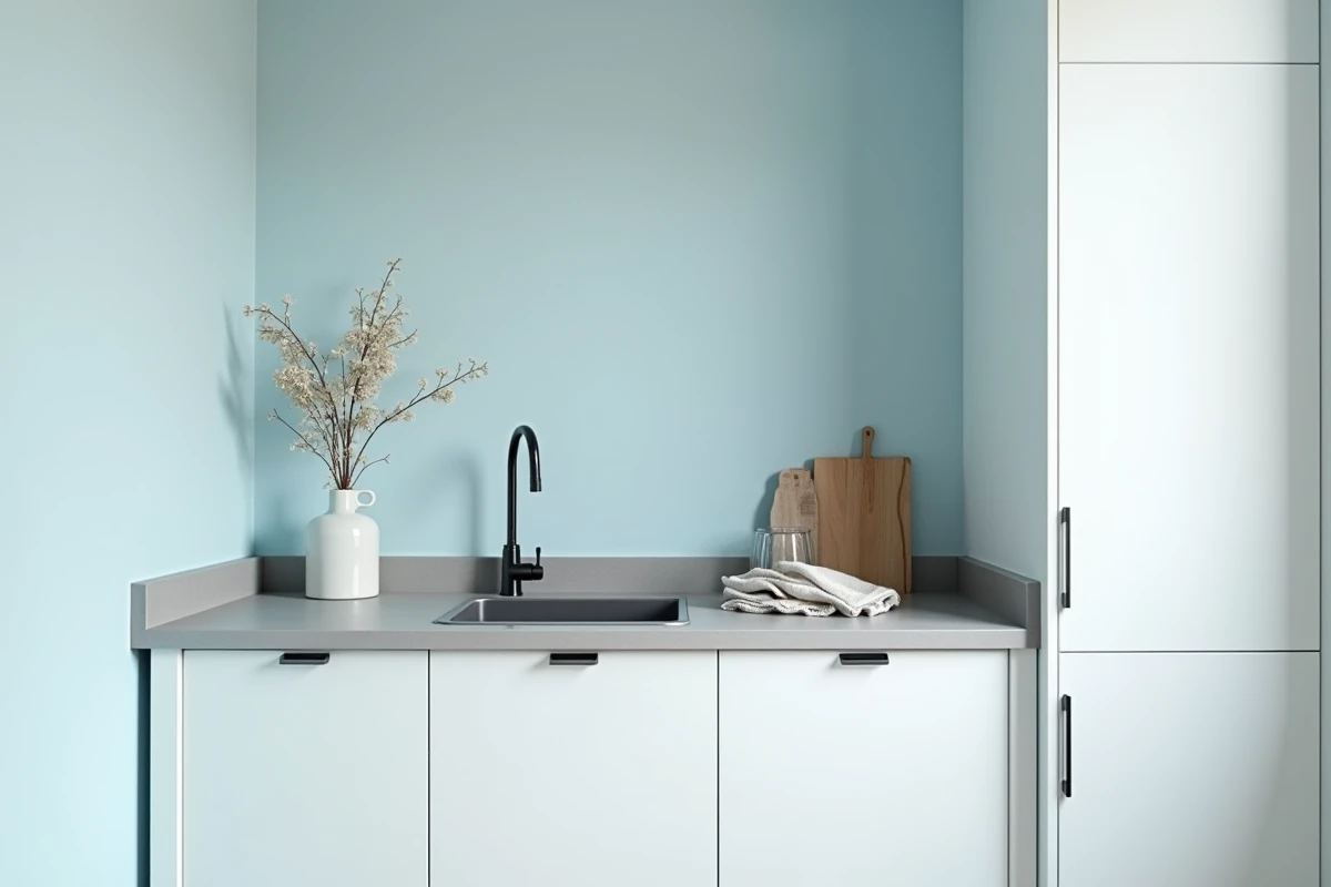 Petite cuisine scandinave aux murs bleu poudré avec armoires blanches minimalistes et plan de travail béton