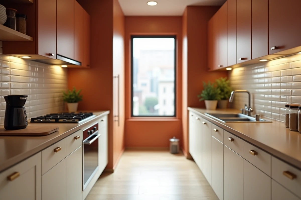 Cuisine en couloir étroite avec murs terracotta et armoires crème aux poignées dorées brossées