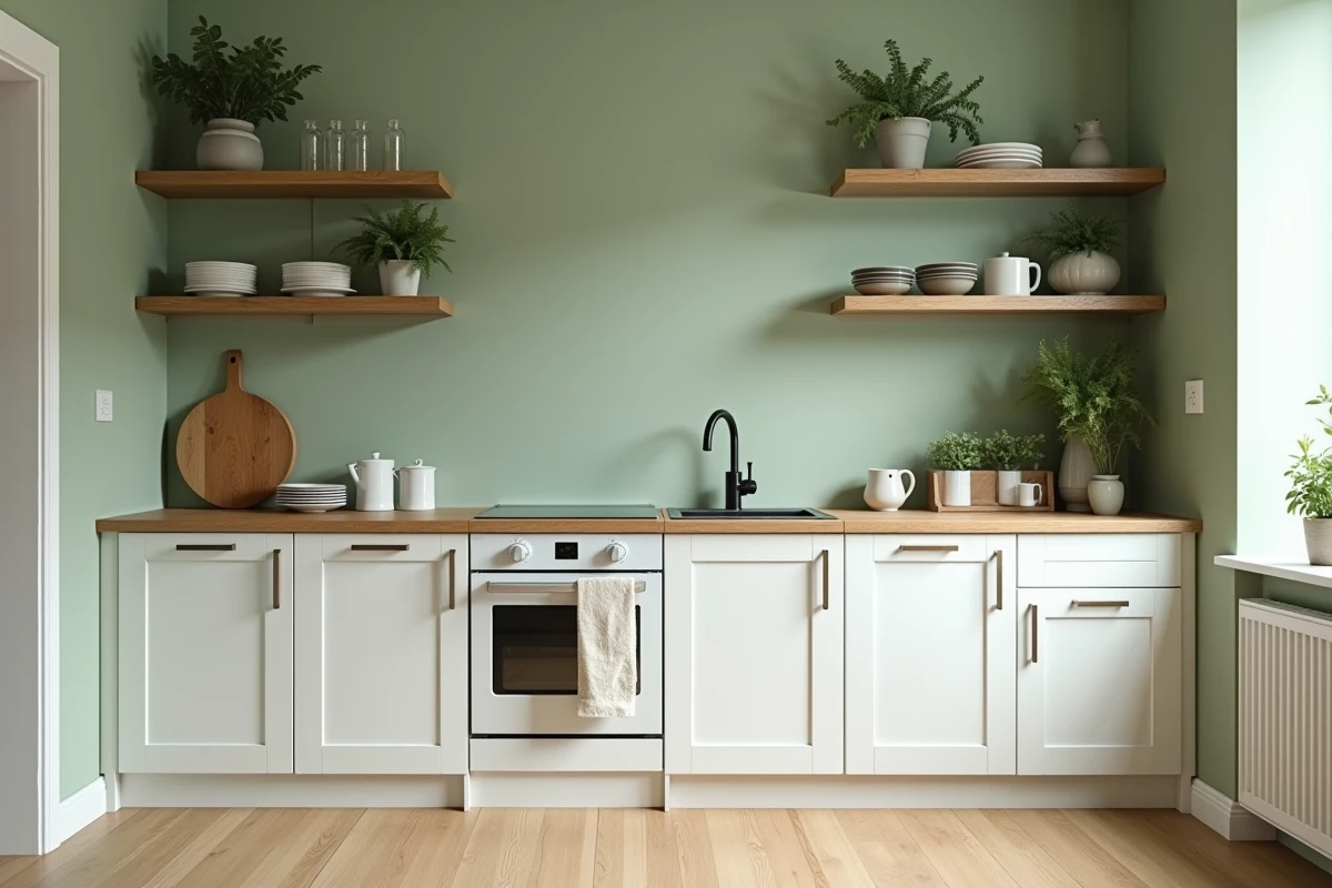 Petite cuisine moderne peinte en vert sauge avec des armoires blanches et des étagères en bois ouvertes