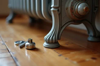 Pied de radiateur en fonte posé sur parquet avec niveau à bulle lors d'une vérification d'installation aux normes 2026