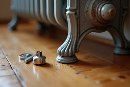 Pied de radiateur en fonte posé sur parquet avec niveau à bulle lors d'une vérification d'installation aux normes 2026