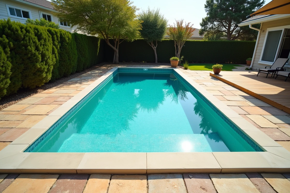 Piscine creusée rectangulaire avec margelles en pierre naturelle et terrasse en bois dans un jardin résidentiel