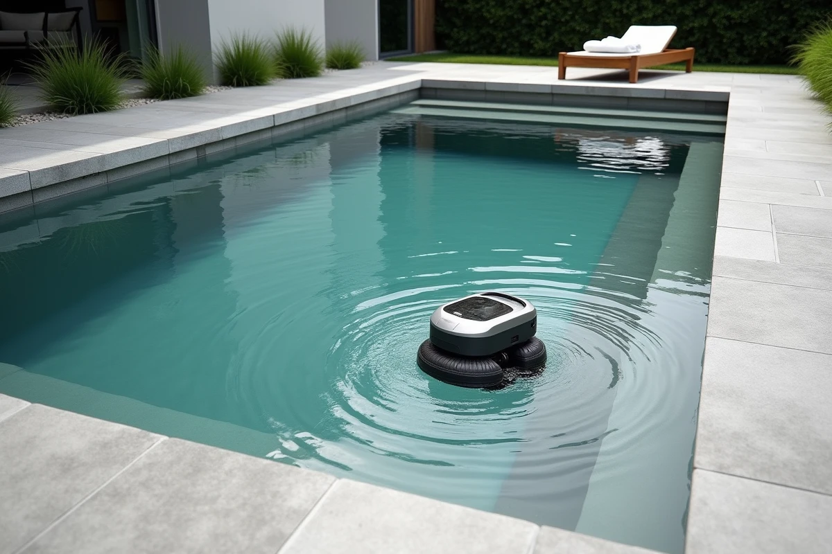 Piscine naturelle avec robot nettoyeur sur terrasse en pierre minimaliste moderne