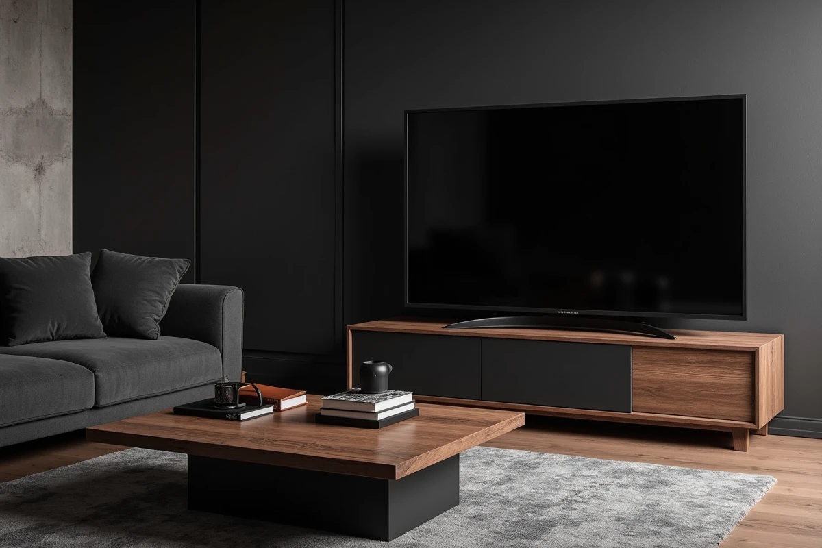 Table basse en placage noyer et laque mate assortie à un meuble TV dans un salon à dominante sombre