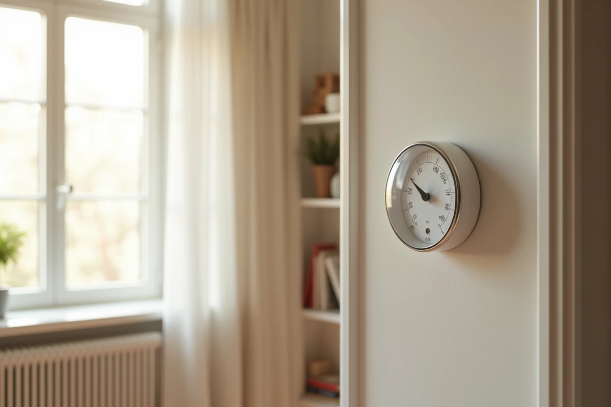 Thermomètre intérieur analogique fixé sur un mur blanc à hauteur des yeux, à côté d'une fenêtre à double vitrage dans un salon chaleureux