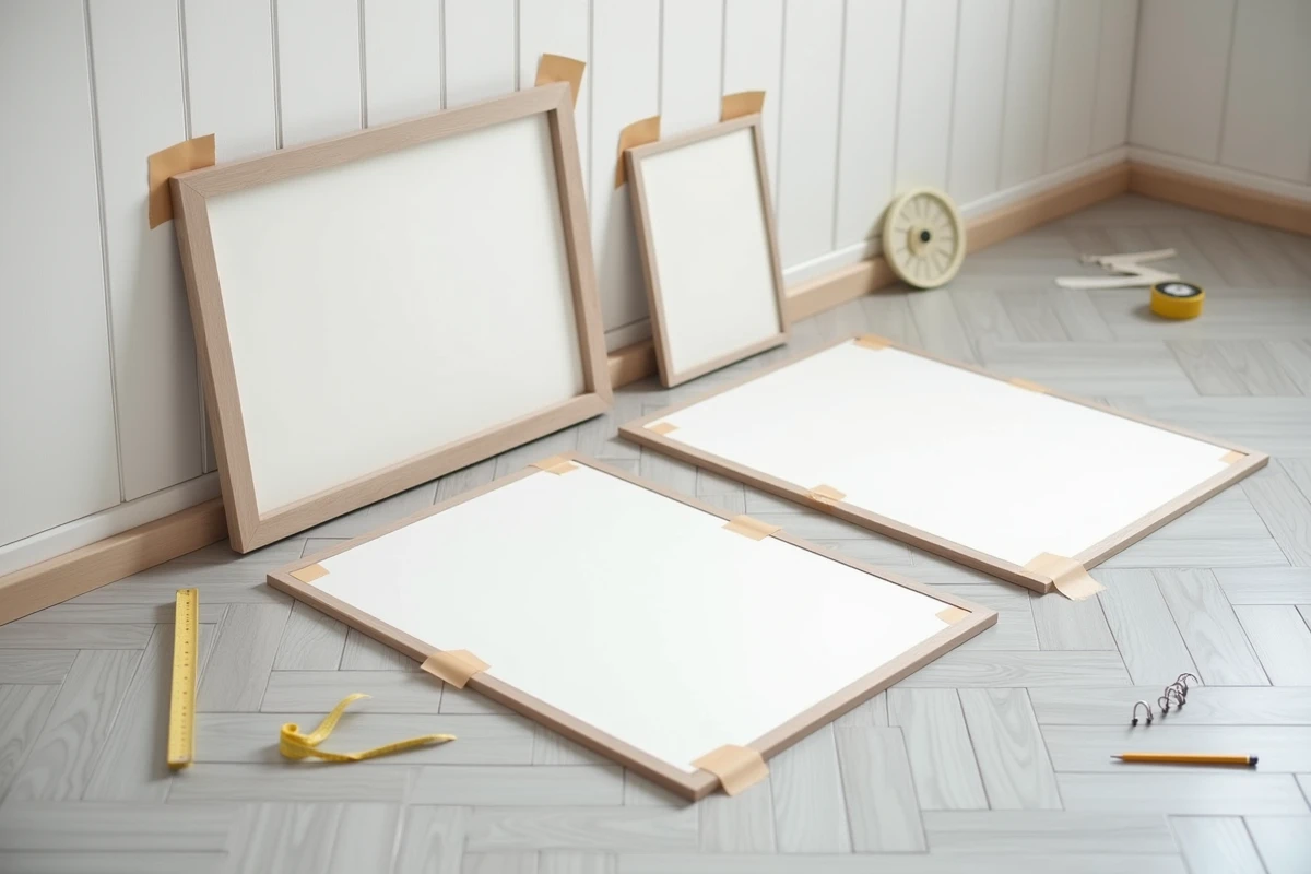 Disposition de cadres variés sur un parquet en chevrons pour planifier un mur galerie, avec gabarits en papier et mètre ruban