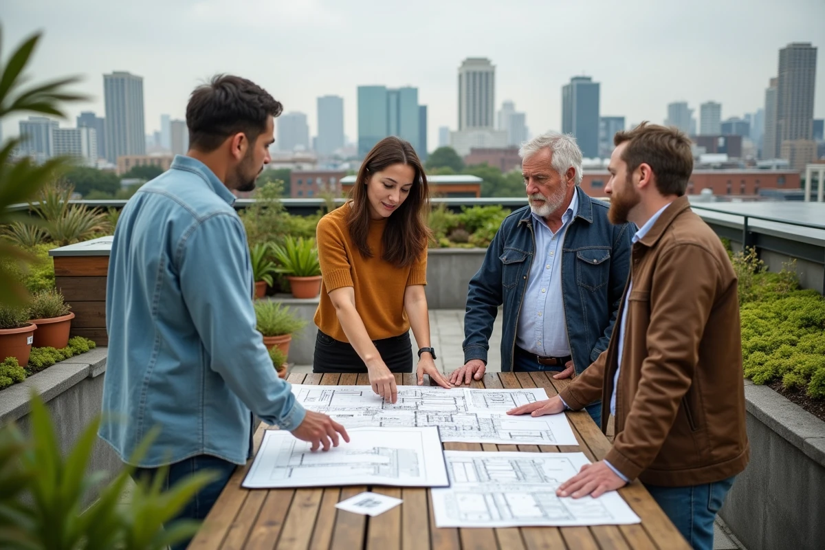 Groupe d'adultes planifiant un projet urbain durable sur un toit végétalisé avec vue sur une ville écologique et ses façades vertes