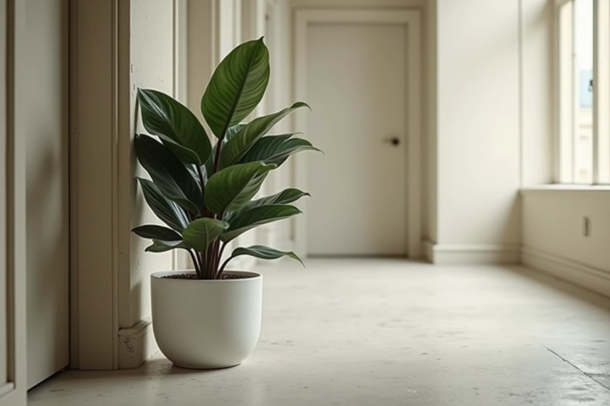 Plante ZZ dans un couloir sans fenêtre, exemple de plante d'intérieur qui survit dans l'obscurité