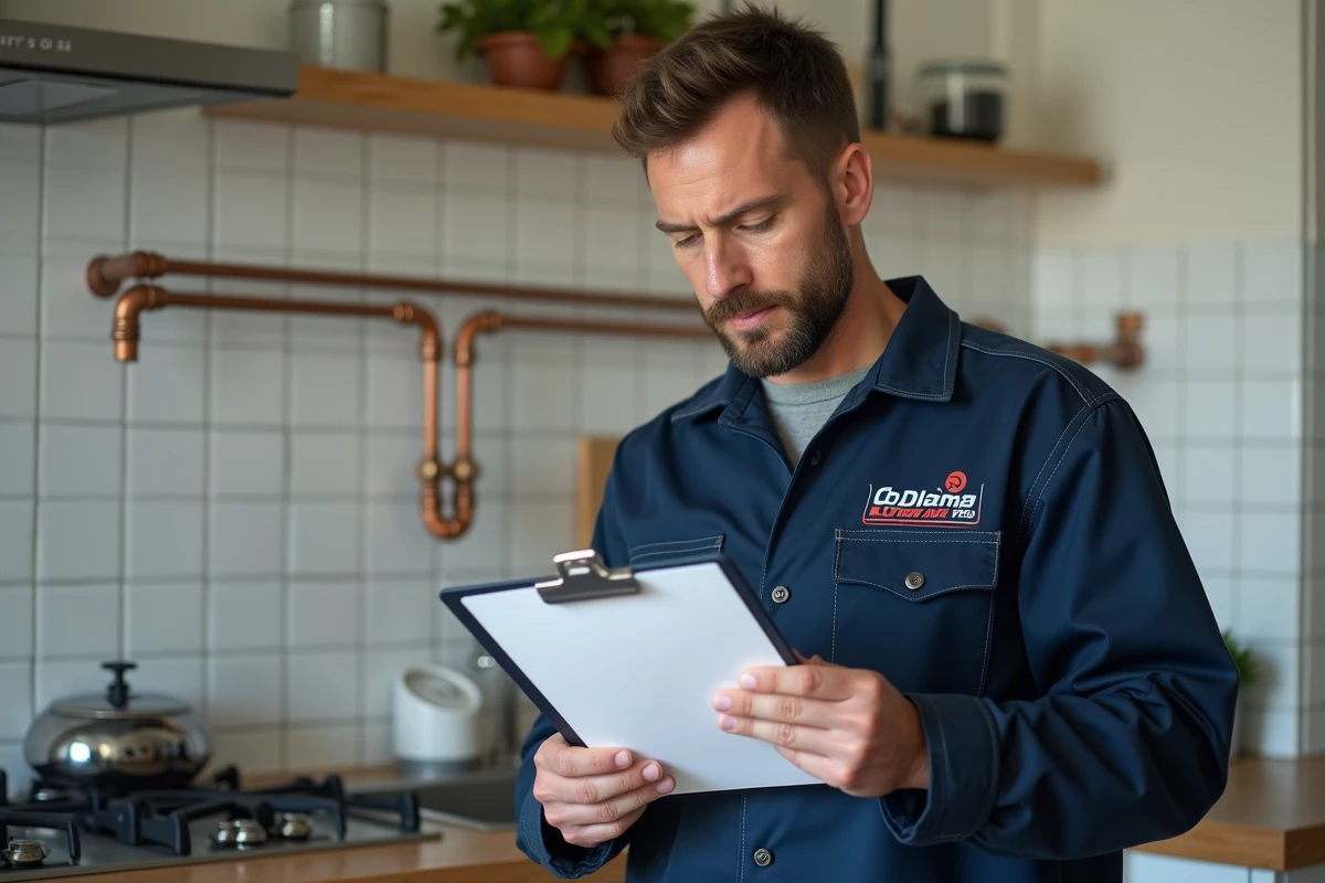 Plombier agréé vérifiant ses documents de certification dans une cuisine résidentielle
