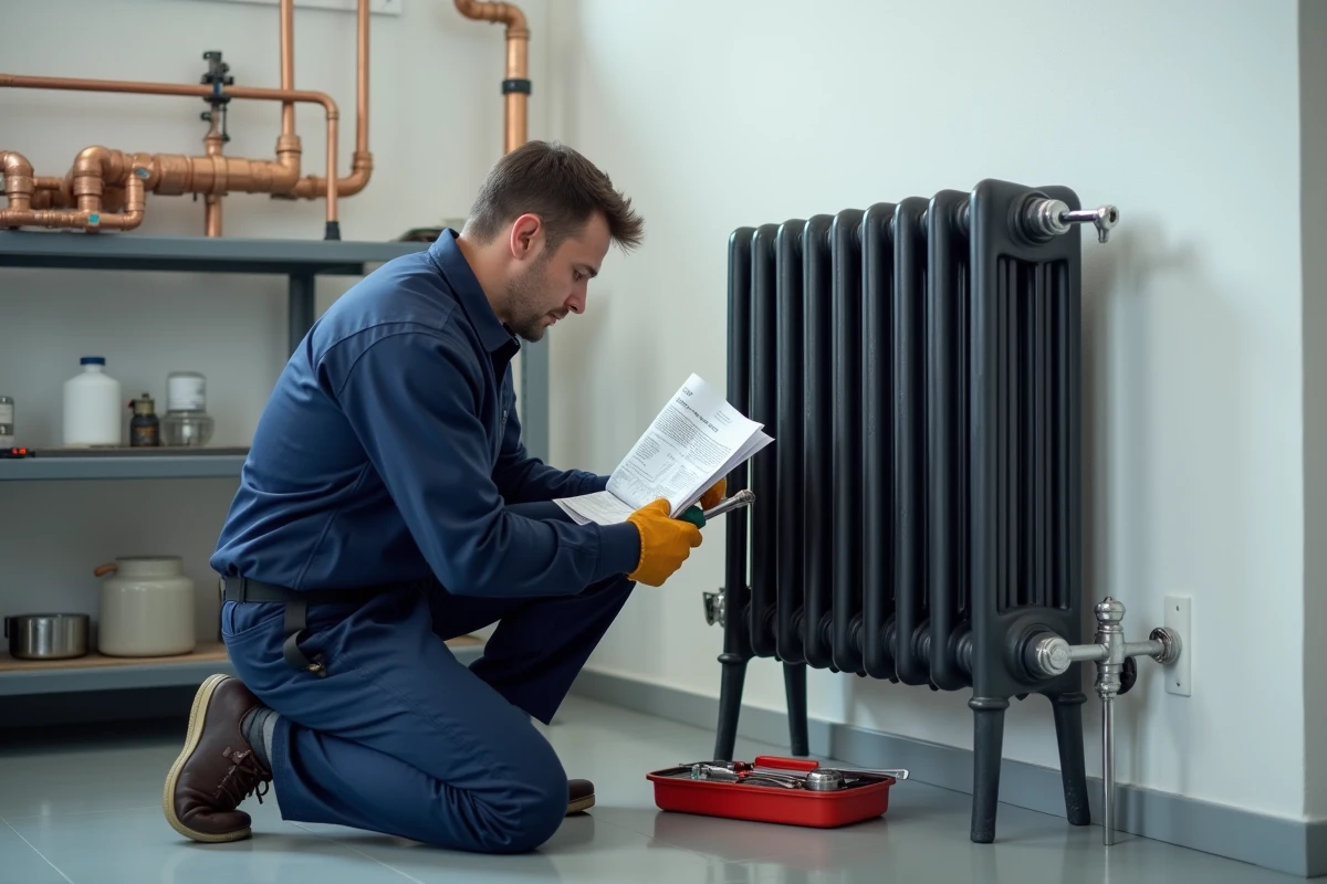 Plombier professionnel réglant le pied stabilisateur d'un radiateur fonte avec clé dans une pièce technique conforme aux normes de sécurité