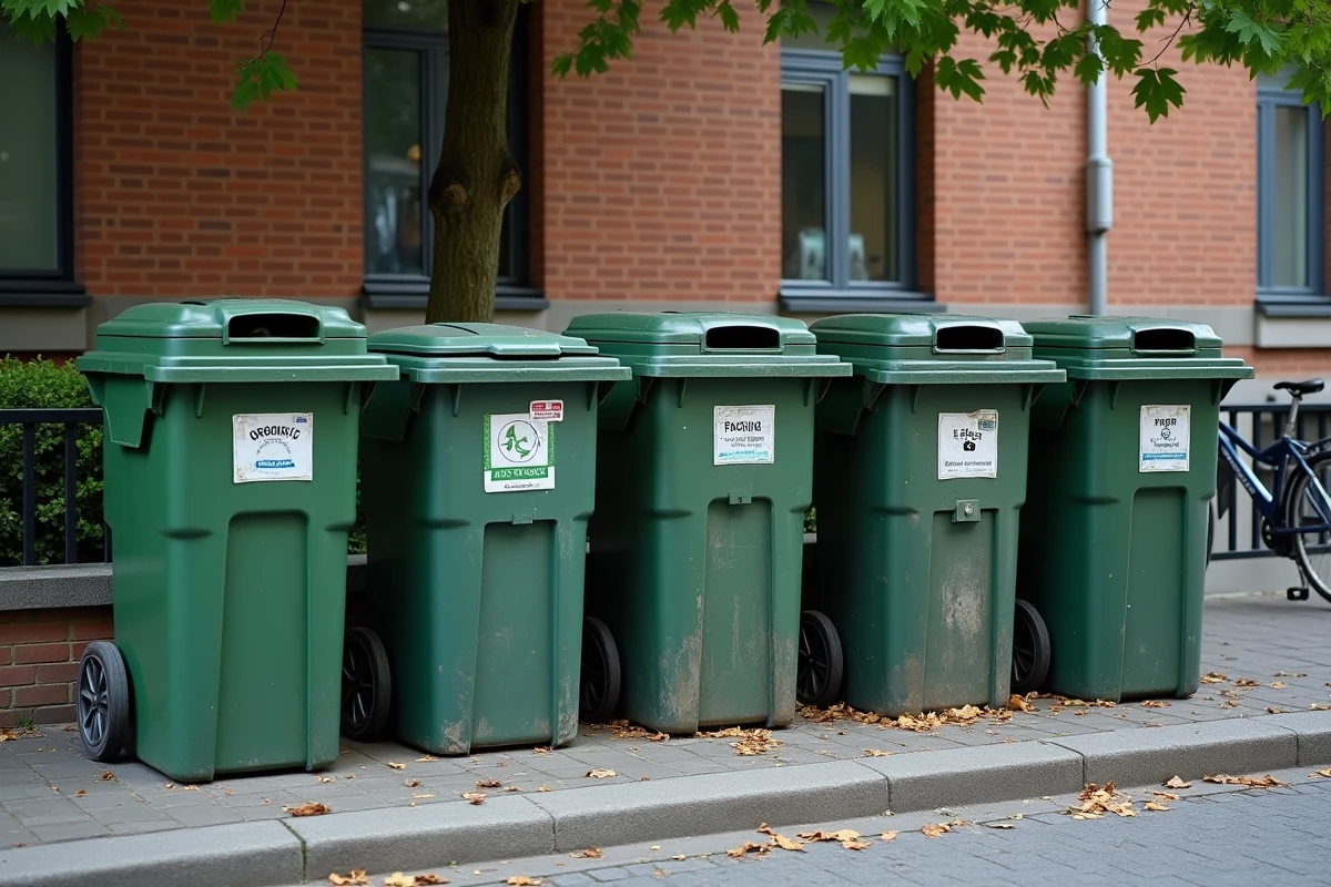 Point de collecte urbain avec cinq bacs à déchets triés représentant les principaux groupes de types de déchets ménagers en milieu européen