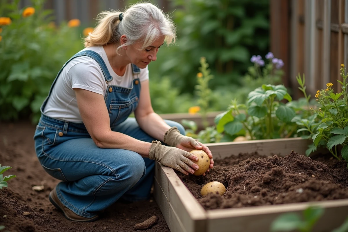 Jardinière tenant une pomme de terre malade à côté d'un bac à compost ouvert dans un potager