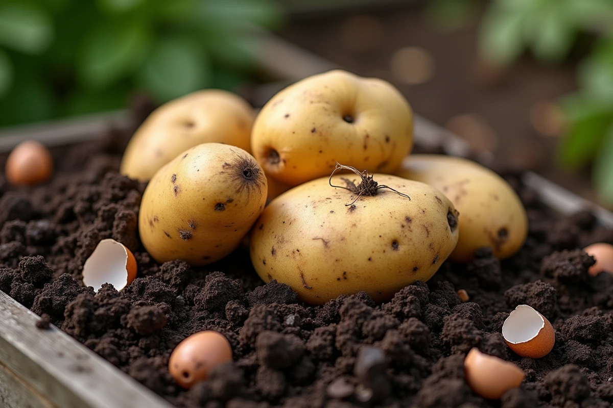 Pommes de terre posées sur du compost en décomposition montrant leur incompatibilité