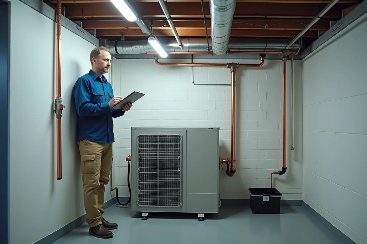 Technicien inspectant une pompe à chaleur dans une chaufferie de sous-sol avec tuyauteries en cuivre et gaines de ventilation
