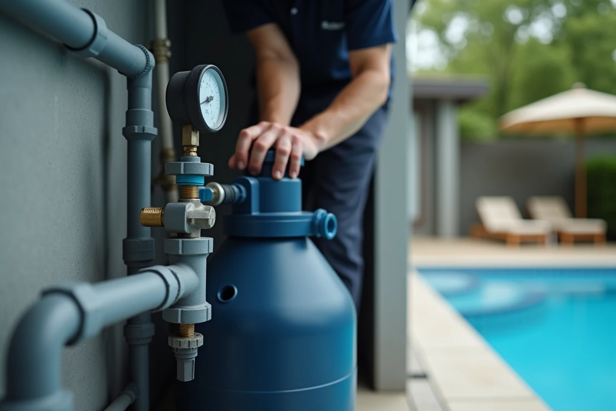 Détail de la pompe et du système de filtration lors de la mise en route d'une piscine
