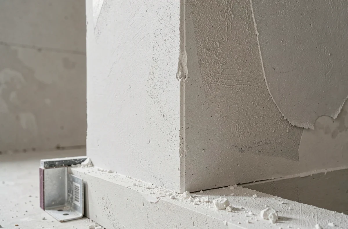 Détail de mur en cours de ponçage avec transition entre enduit sec et surface lissée, poussière blanche sur la plinthe