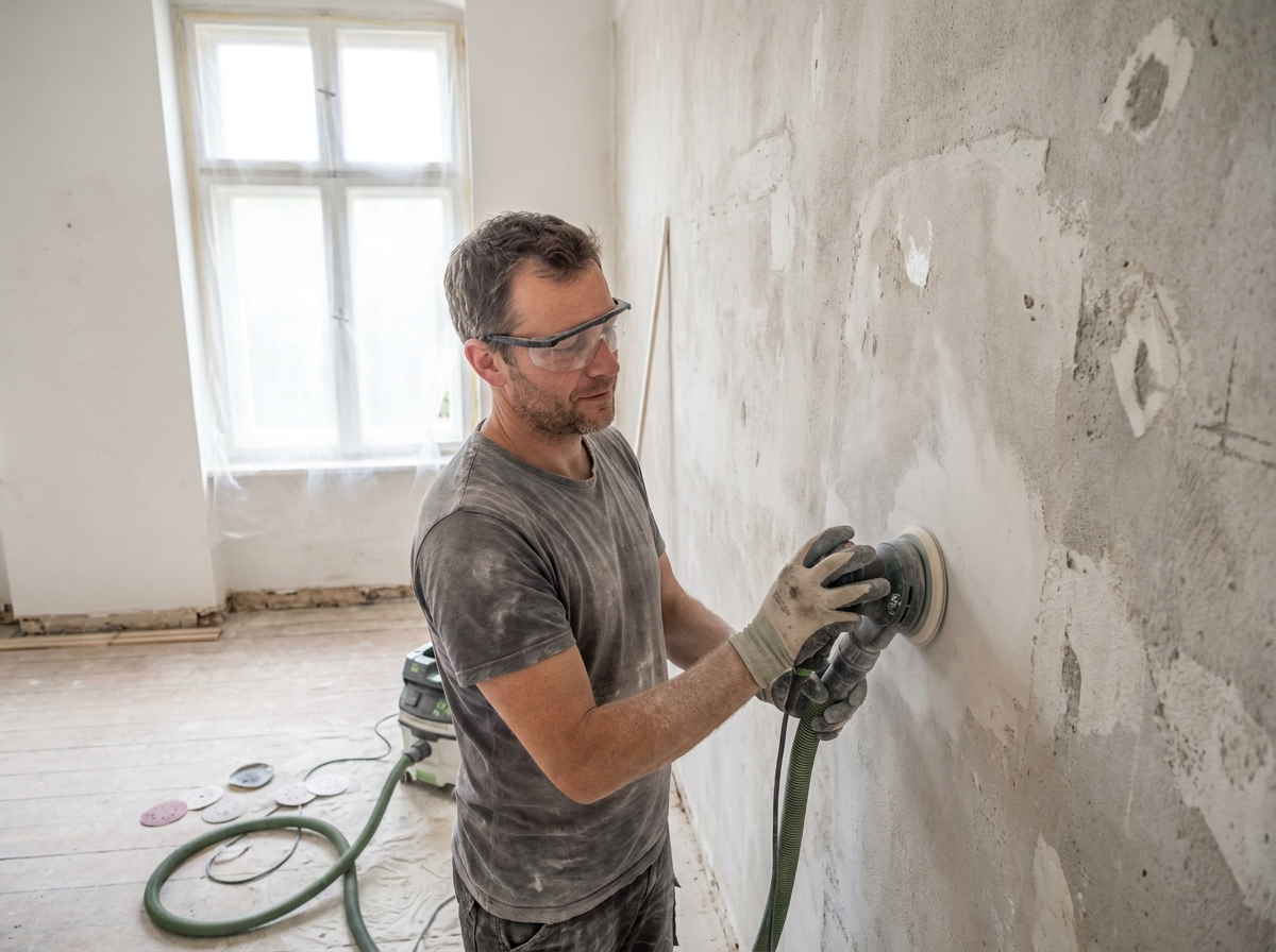 Homme ponçant un mur en plâtre avec une ponceuse orbitale dans un salon en cours de rénovation