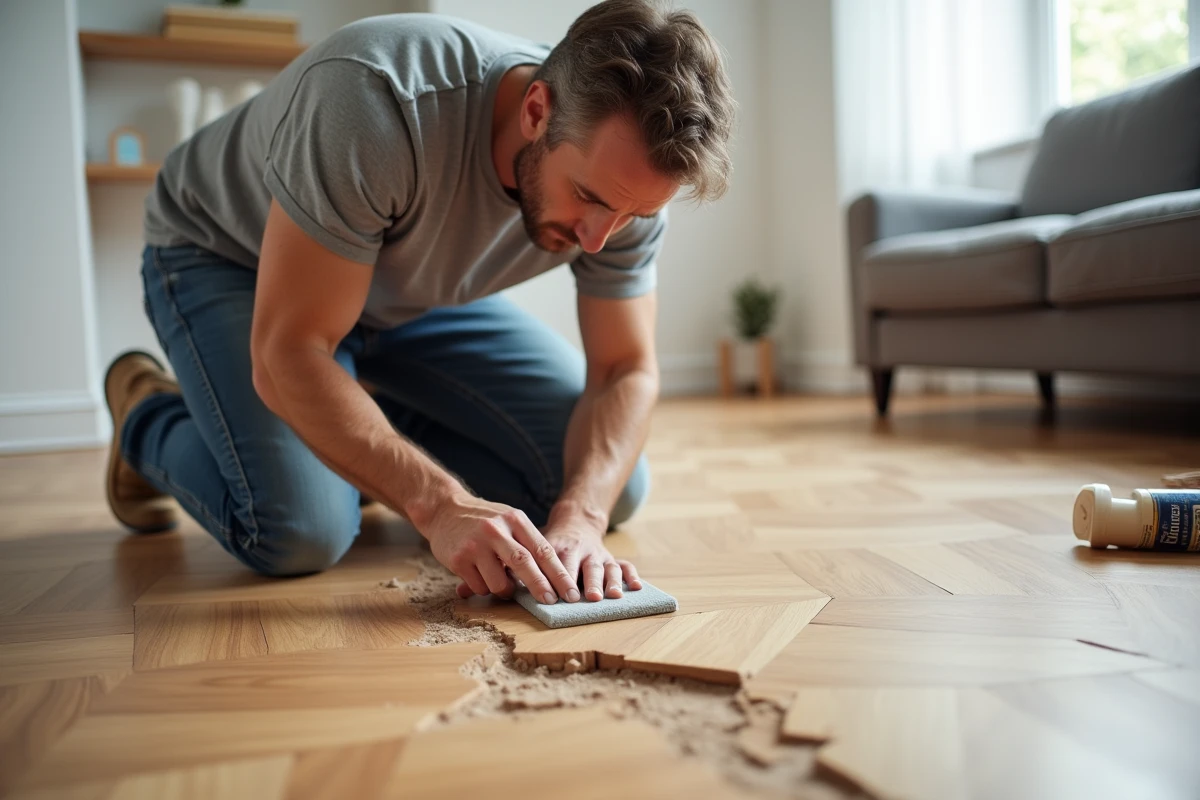 Homme ponçant une rayure profonde sur un parquet en chêne avec du papier abrasif