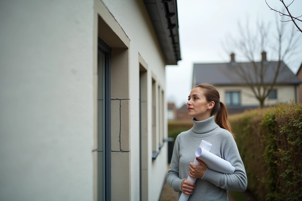 Architecte analysant un pont thermique structurel au niveau d'une dalle de balcon sur la façade extérieure d'une maison