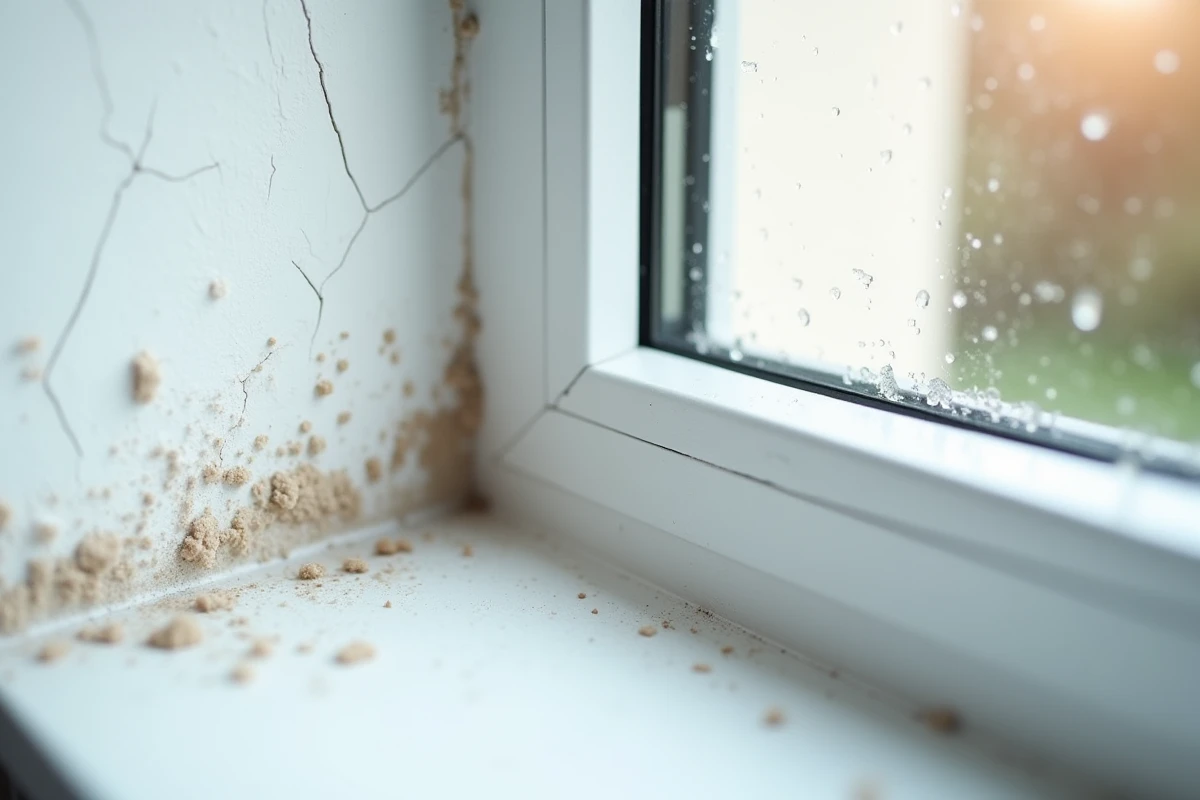Condensation et traces d'humidité sur le cadre d'une fenêtre révélant un pont thermique dans une habitation