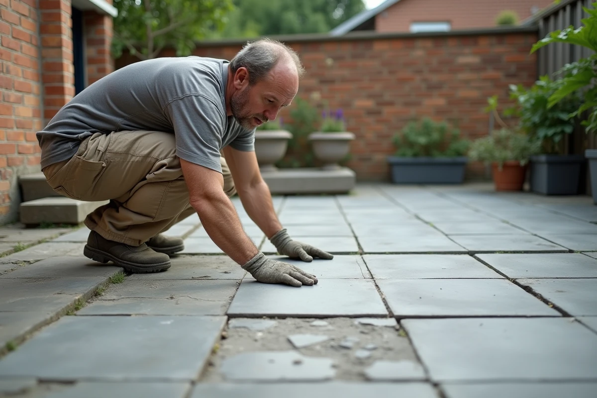 Artisan posant des carreaux de porcelaine sur une ancienne terrasse en béton fissuré dans un jardin suburban