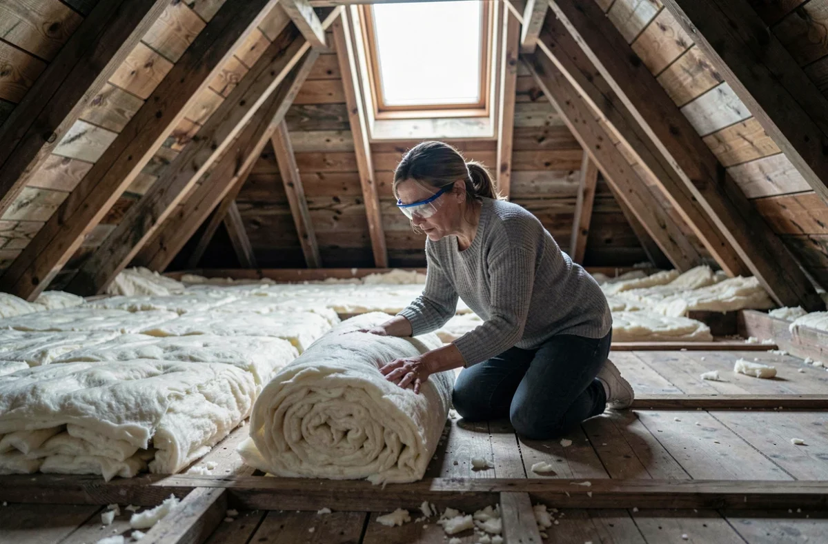 Femme posant un rouleau d'isolant thermique minéral entre les solives d'un plancher de combles lors de travaux de rénovation