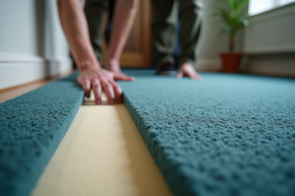 Gros plan sur la pose d'une moquette isolante thermique bleu ardoise avec sous-couche mousse visible et baguette de seuil en laiton dans un couloir