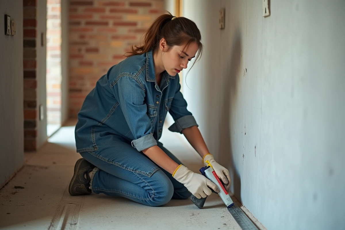 Femme appliquant de la colle de construction sur un panneau de placo pour une pose sans rail