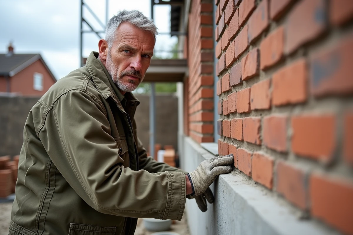 Ouvrier posant une plaque de soubassement en pierre sur un mur extérieur en briques lors d'un chantier résidentiel