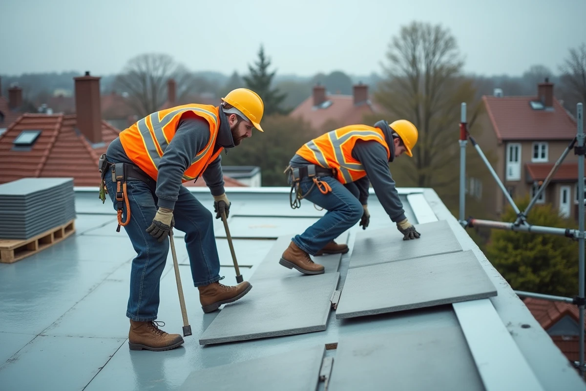 Deux couvreurs professionnels posant des tuiles neuves sur une toiture résidentielle rénovée au printemps, avec échafaudage et matériaux visibles