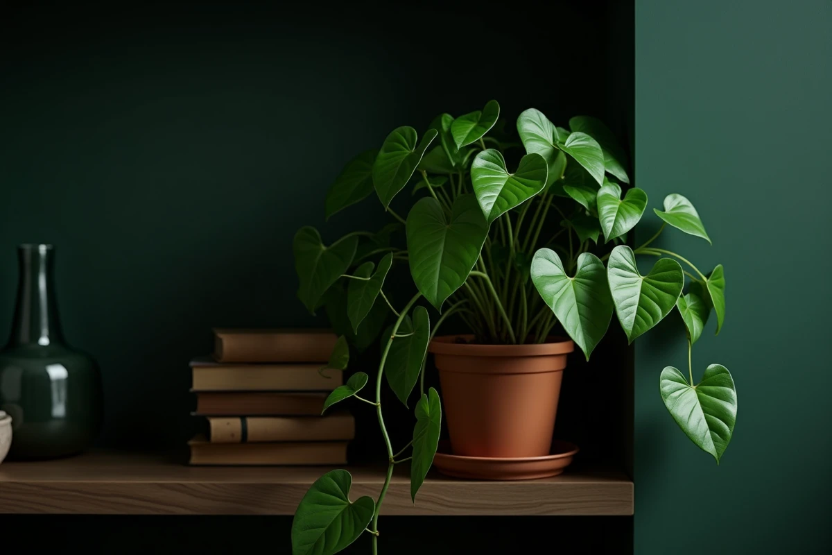 Pothos aux feuilles retombantes dans un coin sombre d'appartement, plante d'intérieur résistante au manque de lumière