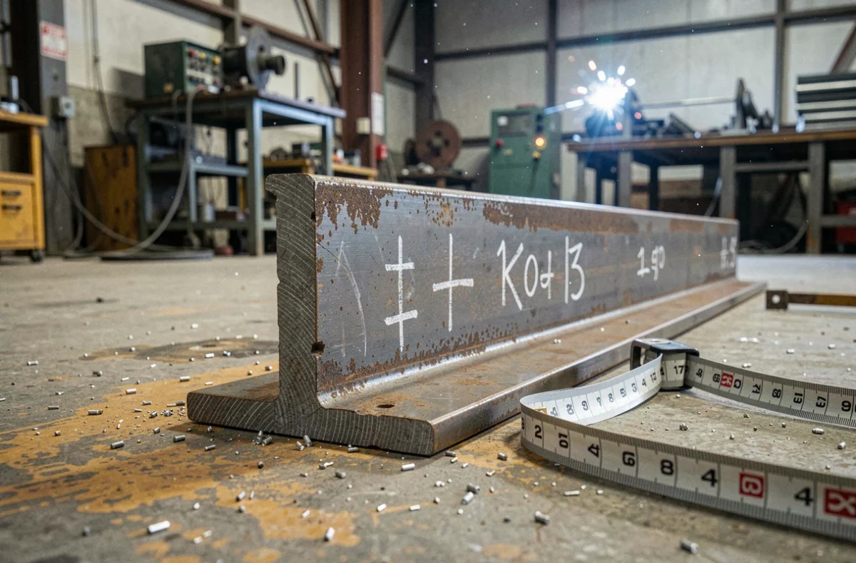 Poutre en fer sur mesure posée sur le sol d'un atelier de fabrication métallique avec ruban de mesure