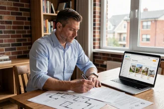 Propriétaire particulier préparant les documents pour une vente immobilière entre particuliers à domicile
