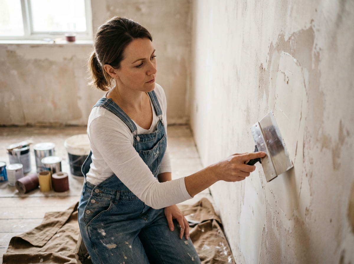 Femme appliquant de l'enduit de rebouchage sur un mur en rénovation avant de peindre le salon