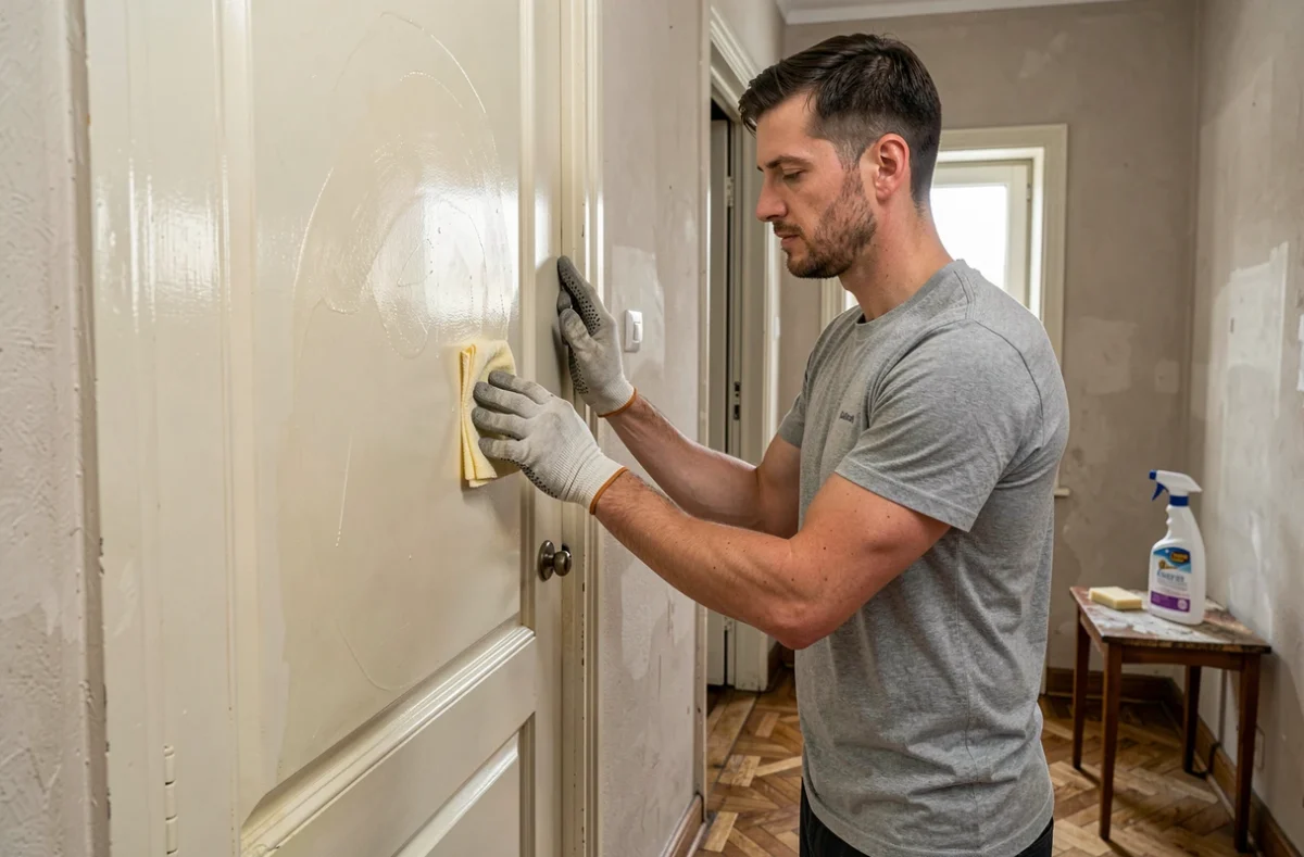 Homme dégraissant une porte en bois peinte en glycéro pour préparer l'application d'une peinture acrylique