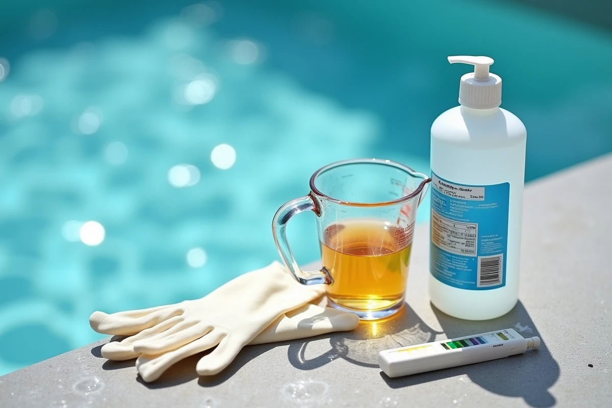 Flacon de chlore liquide, verre doseur et bandelette de test posés au bord d'un spa pour le contrôle de l'eau