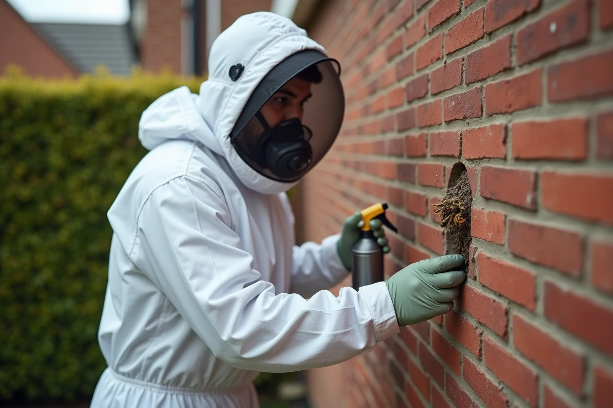 Un professionnel de la dératisation en combinaison de protection inspectant un nid de guêpes dans un mur de briques