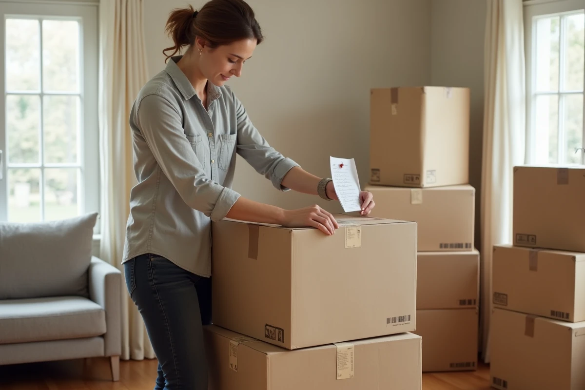 Femme organisant et étiquetant des cartons de déménagement empilés dans un salon