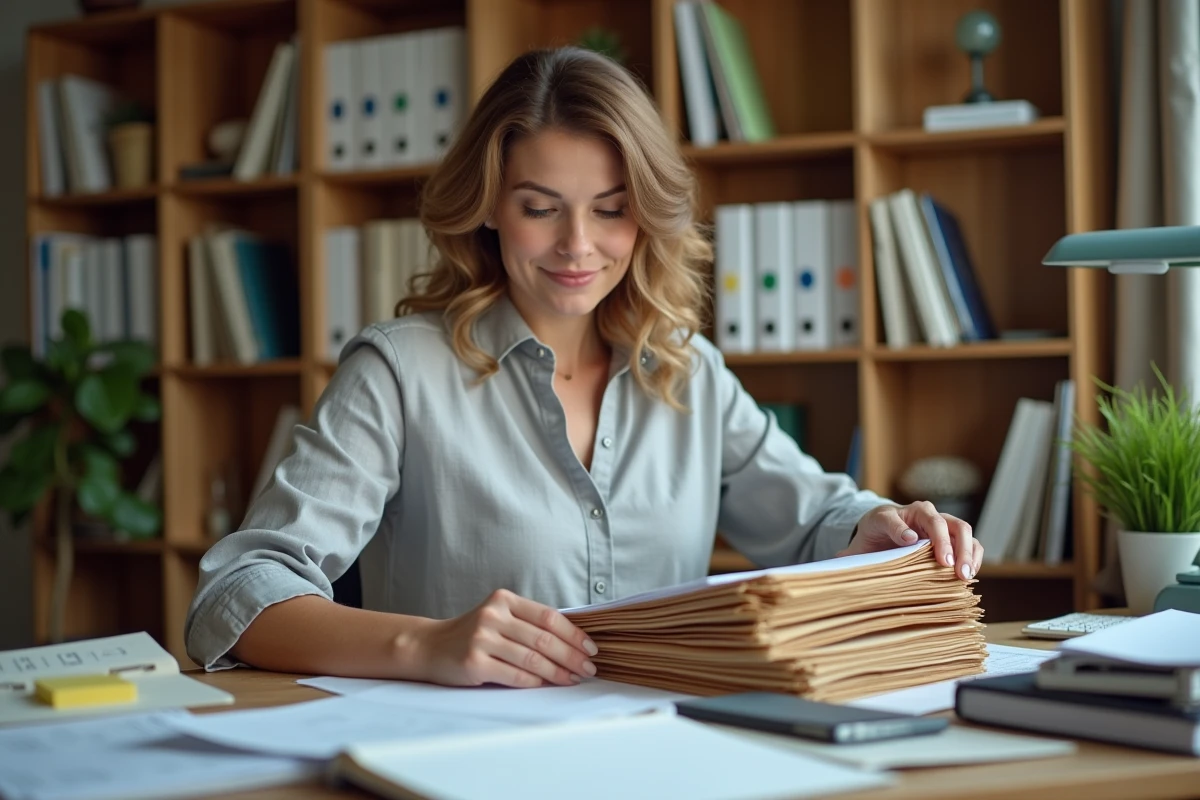 Femme organisant des documents importants dans des classeurs colorés sur un bureau en bois dans un bureau à domicile rangé