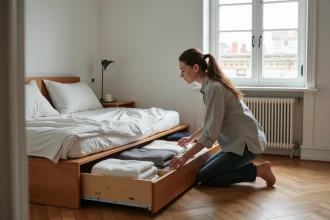 Jeune femme rangeant des vêtements dans les tiroirs intégrés sous un lit dans un studio optimisé