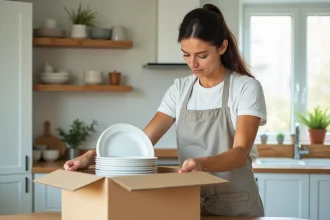 Femme rangeant des assiettes emballées dans du papier kraft dans un carton de déménagement pour vaisselle sur un plan de travail de cuisine moderne
