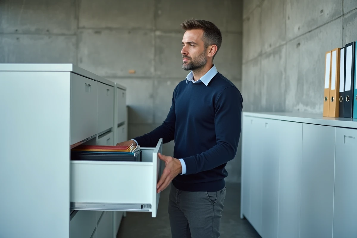 Homme rangeant des dossiers colorés dans un classeur métallique dans un bureau moderne et minimaliste