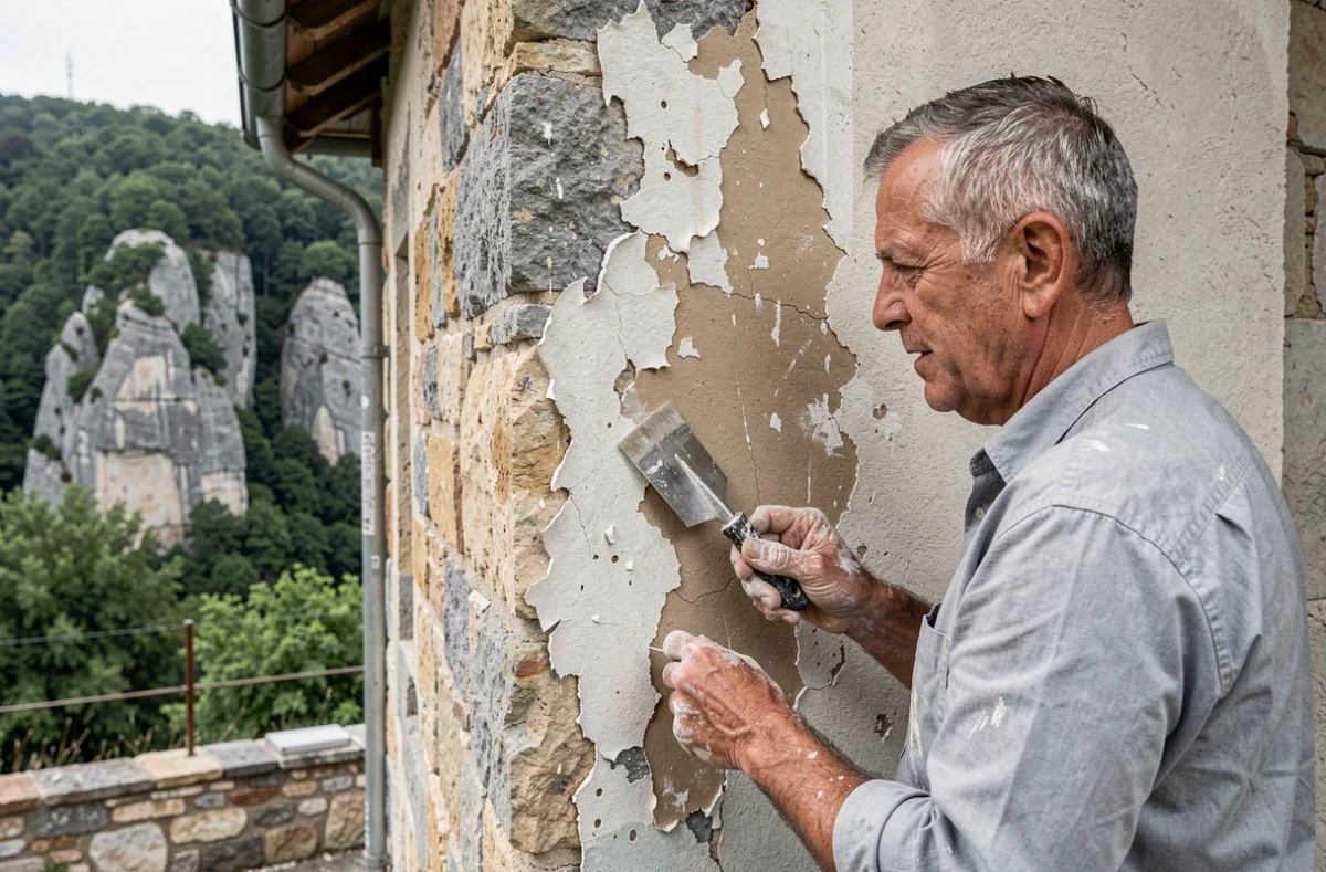 Façadier du Bugey décapant une façade ancienne en pierre dans l'Ain avec le paysage du Bugey en arrière-plan