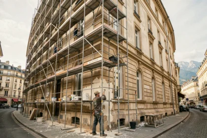 Travaux de ravalement de façade sur un immeuble en Auvergne-Rhône-Alpes avec échafaudage et ouvriers spécialisés