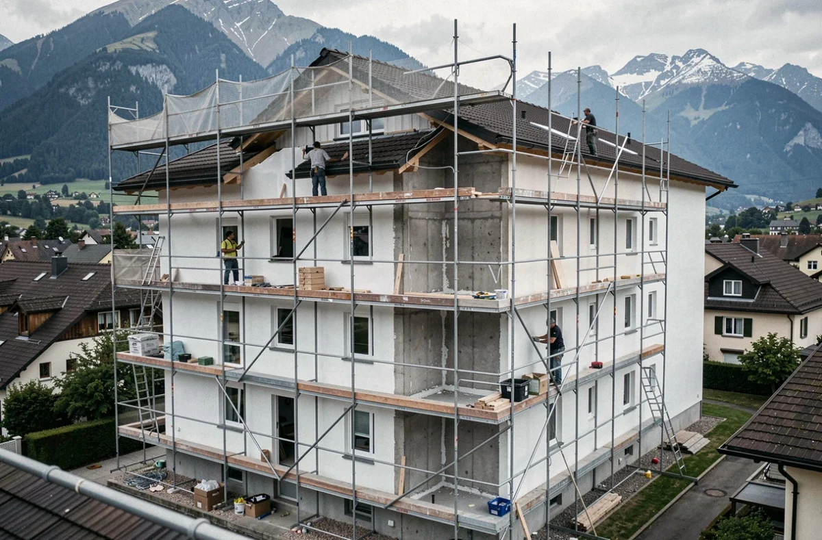 Chantier de ravalement et rénovation globale d'un immeuble résidentiel à Grenoble avec les Alpes en arrière-plan