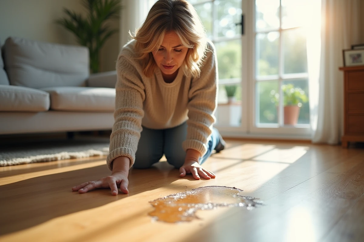 Femme inspectant des rayures sur un parquet en bambou dans un salon, soulignant la sensibilité du matériau aux chocs
